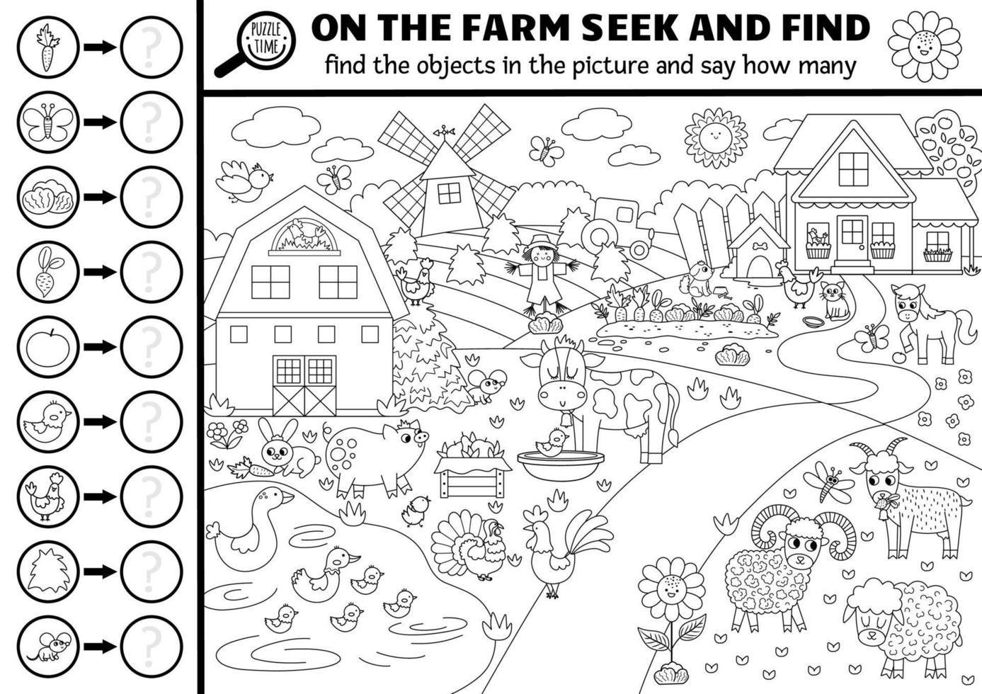 Vector black and white farm searching game with rural countryside landscape. Spot hidden objects, say how many. Simple on the farm seek and find and counting activity or coloring page