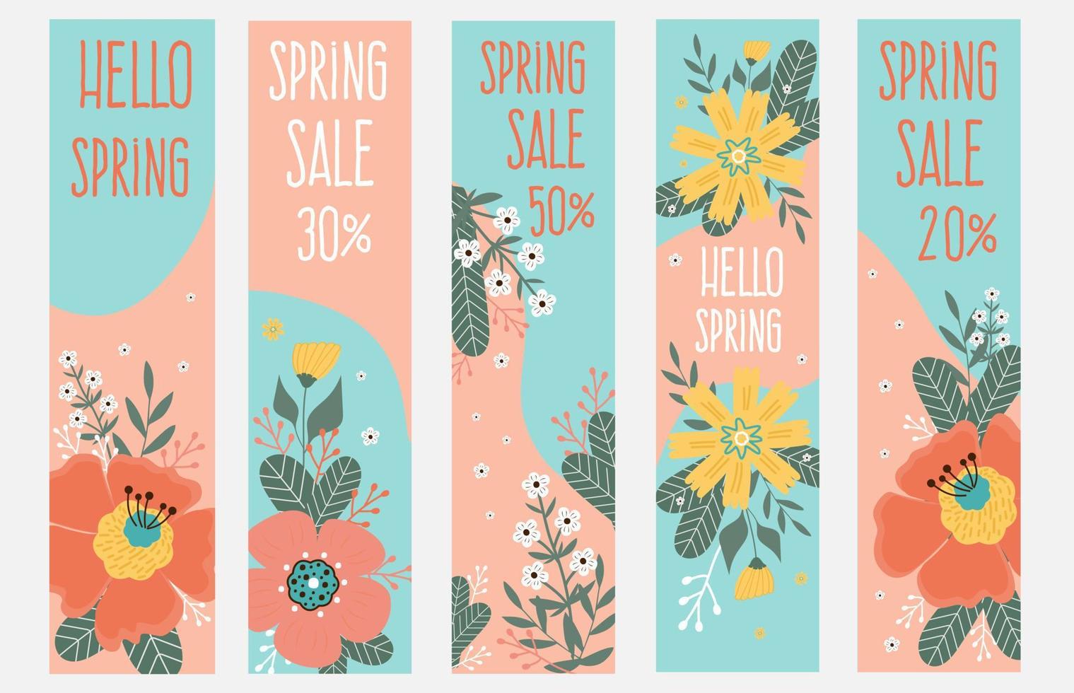 Spring sale banner in vertical format. Hello spring. Spring flowers, leaves. vector