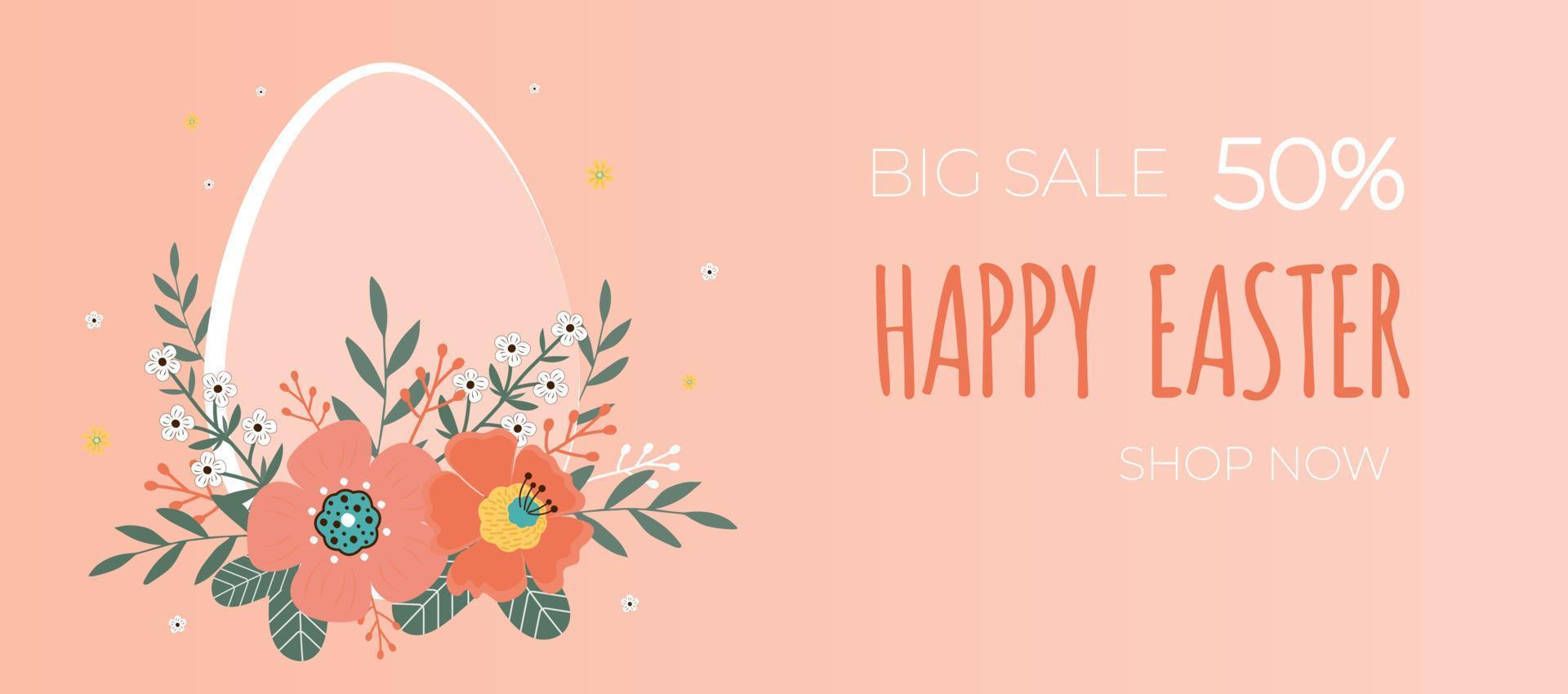 Happy easter sale banner. Flowers with the easter egg on pink background. Can be add text. vector