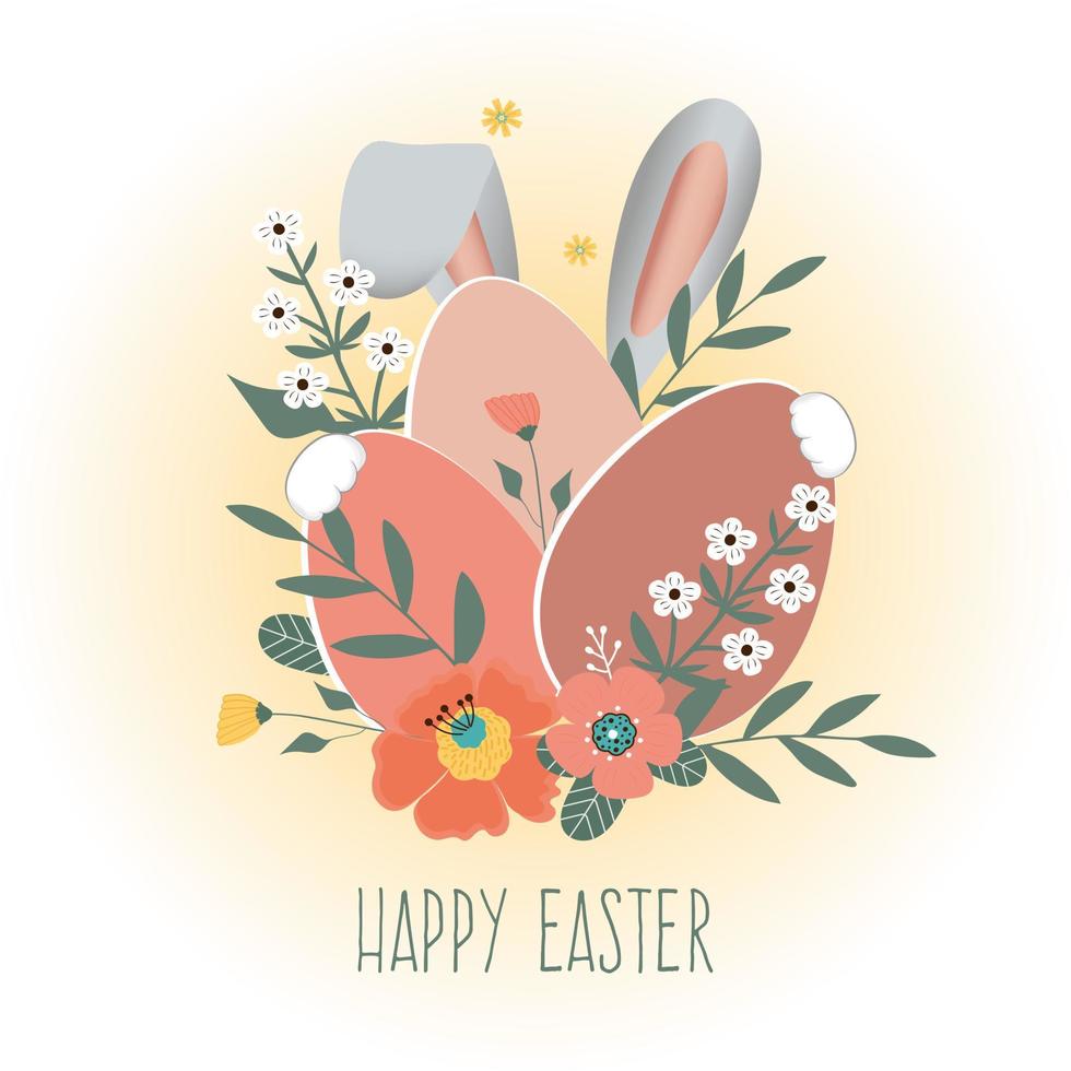 Happy easter. Spring flowers with the easter eggs and rabbit ears on white background. vector