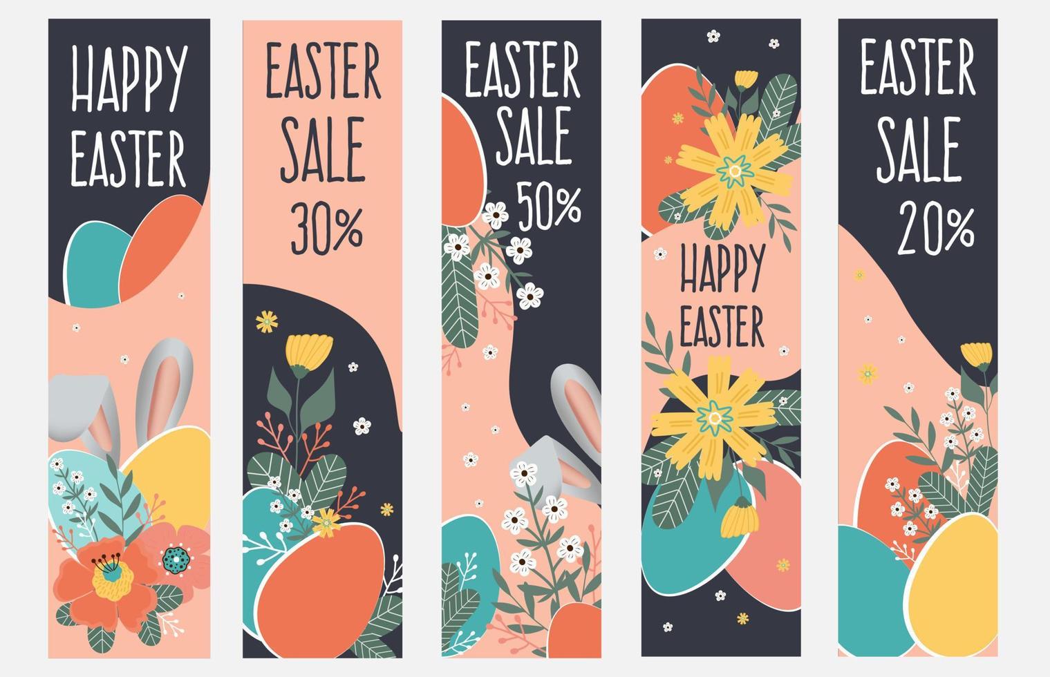 Happy easter sale banners. Spring flowers with the easter eggs and rabbit ears on pink and dark background. vector