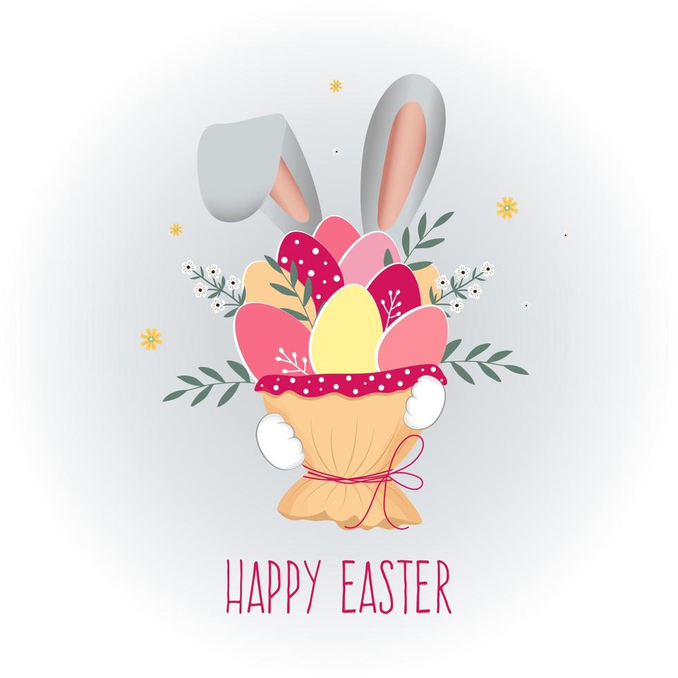 Happy easter. Bouquet of easter eggs, flowers with rabbit ears. vector