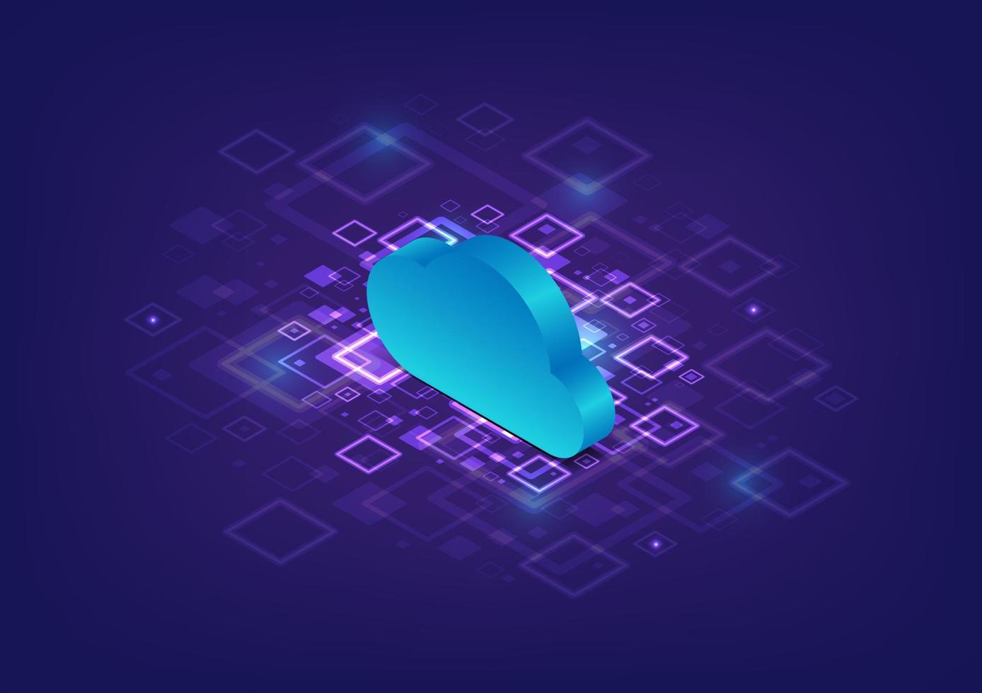 Isometric blue cloud on square shape pattern purple background. cloud computing and data storage concept. Vector illustration.