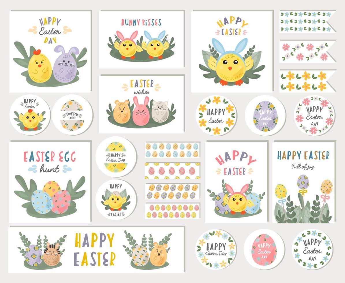 Set of Easter cards, stickers and labels with cute cartoon characters, hand drawn elements. Easter greetings with bunnies, chickens, eggs and flowers for posters, cards of any print. Easter Sunday. vector