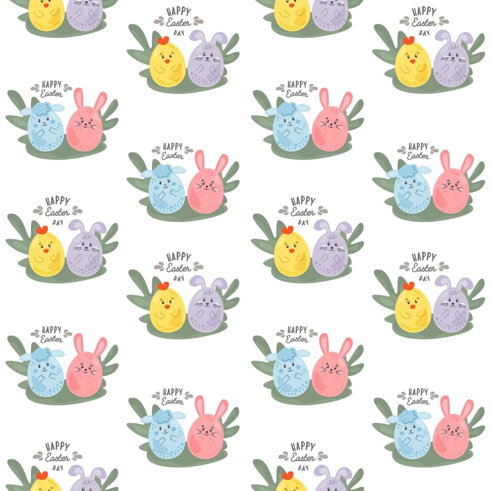 Easter pattern motive cute cartoon characters eggs chicken lamb bunny. Seamless pattern for gift wrapping paper, textile, cover, product packaging, advertising banner, greeting cards. vector