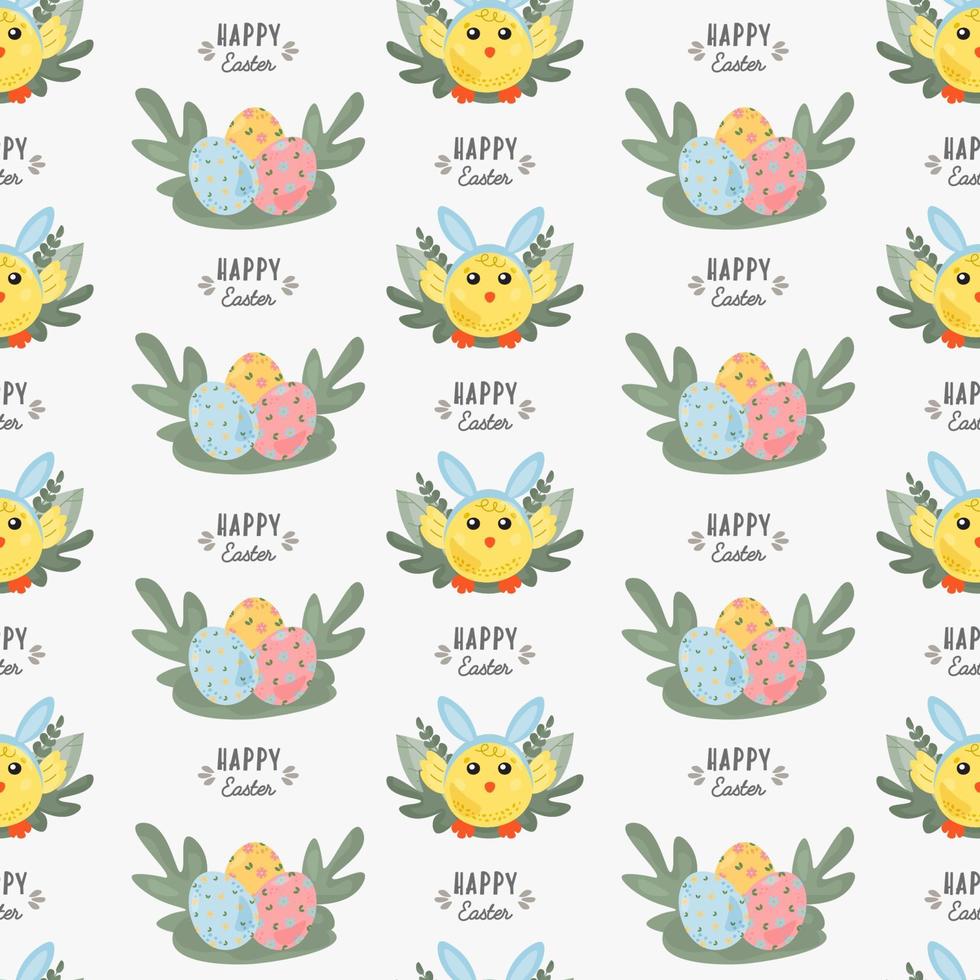 Funny yellow chickens with Bunny Hears. Happy Easter, seamless pattern textile wrapping design for design of the cover, product packaging, advertising banner, postcard, printing on textile. vector