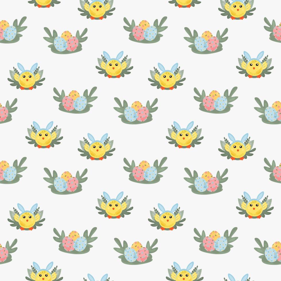 Funny yellow chickens with Bunny Hears in different poses seamless pattern textile wrapping design vector