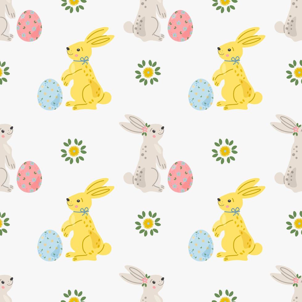 Seamless repeated surface pattern design with cute little bunnies and flowers. Festive spring background in Scandinavian hand drawn style. Baby or kids product design, fabric, wallpaper, clothing. vector