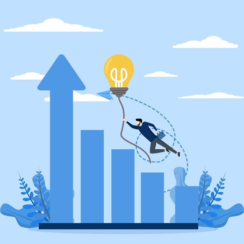 illustration, aiming, success, graph, expansion of an idea, creativity of a businessman flies with a light bulb towards growing graph, vector flat business illustration. blue vector.
