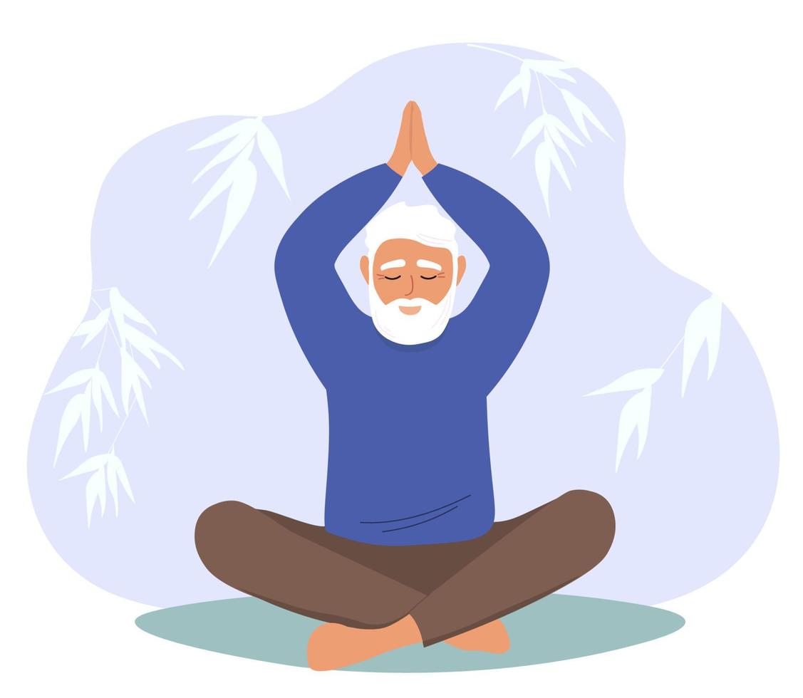 An elderly man with a gray beard sits in a lotus position. Grandpa does yoga. meditates. leads a healthy lifestyle. Vector graphics.
