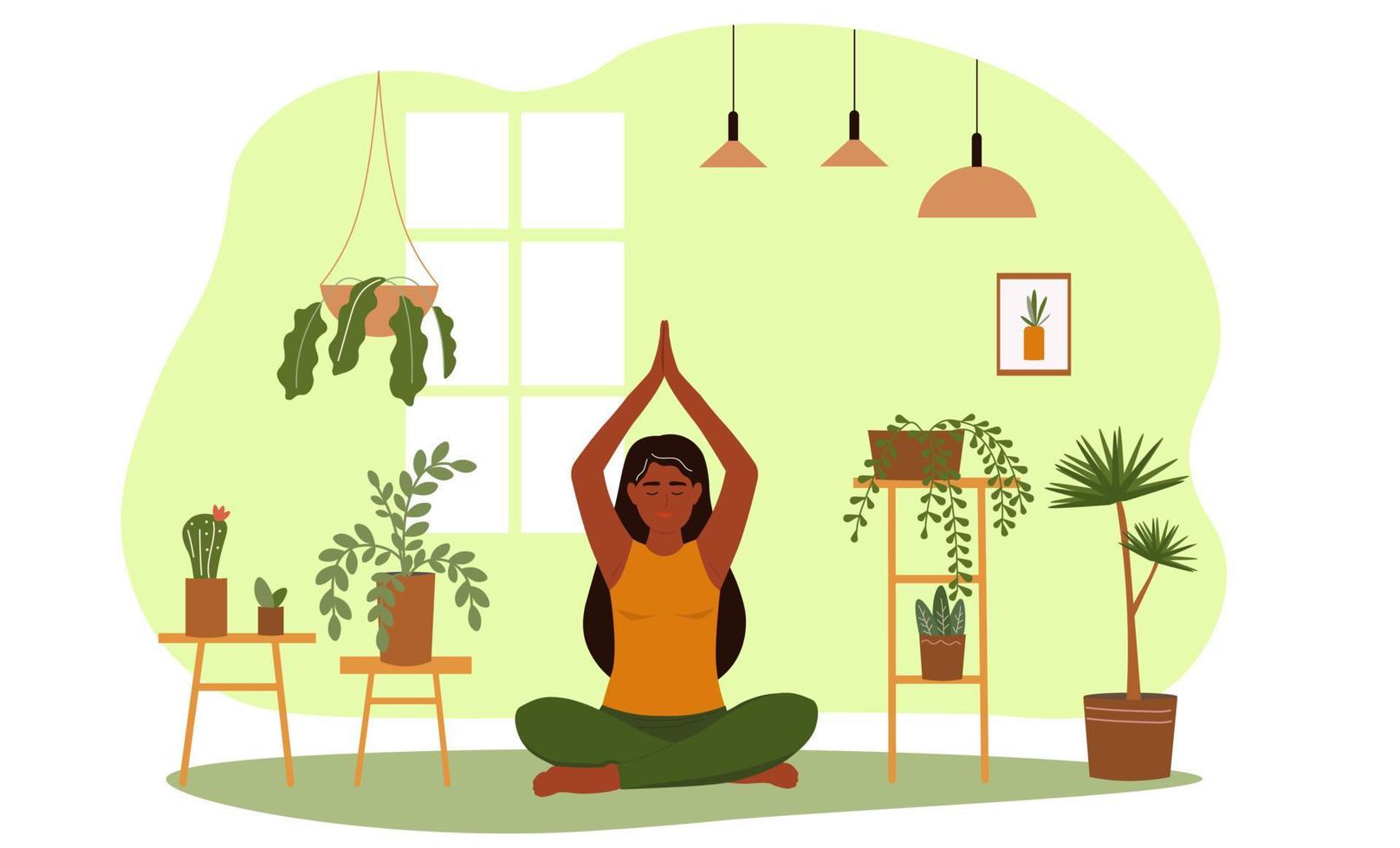 The girl sits in a lotus position, raises her hands up above her head. Woman doing asana yoga, leads a healthy lifestyle among plants. Vector graphics.