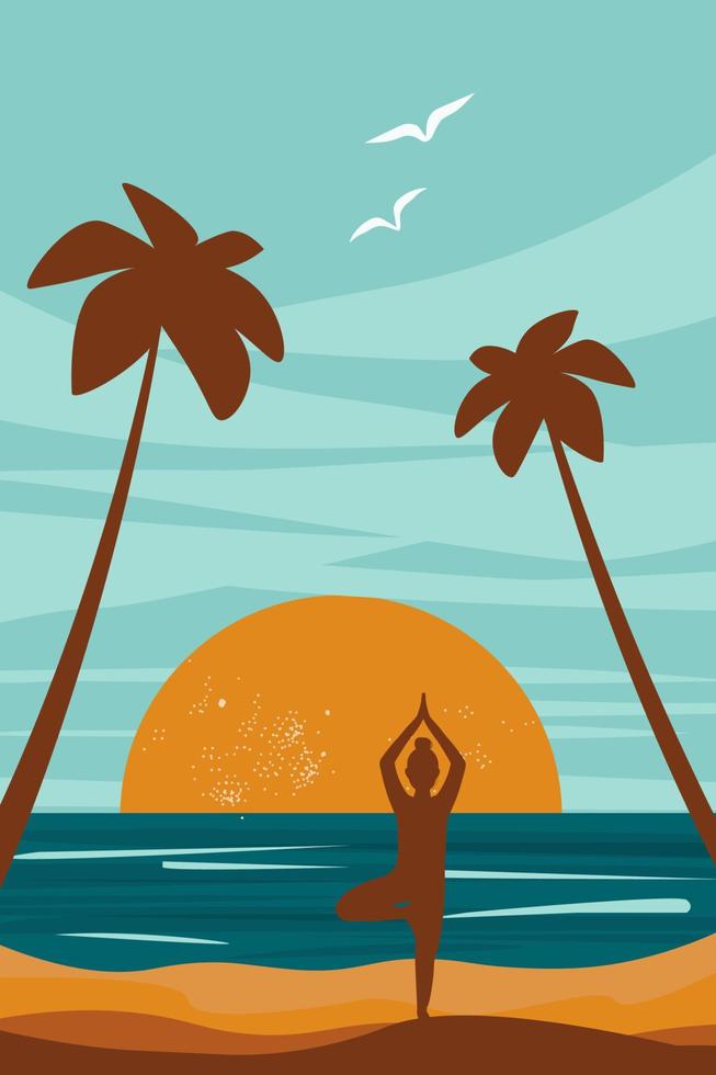 Abstract simple contemporary poster with palm trees, ocean, silhouette of a girl in asana position, woman doing yoga on the seashore. Vector graphics.