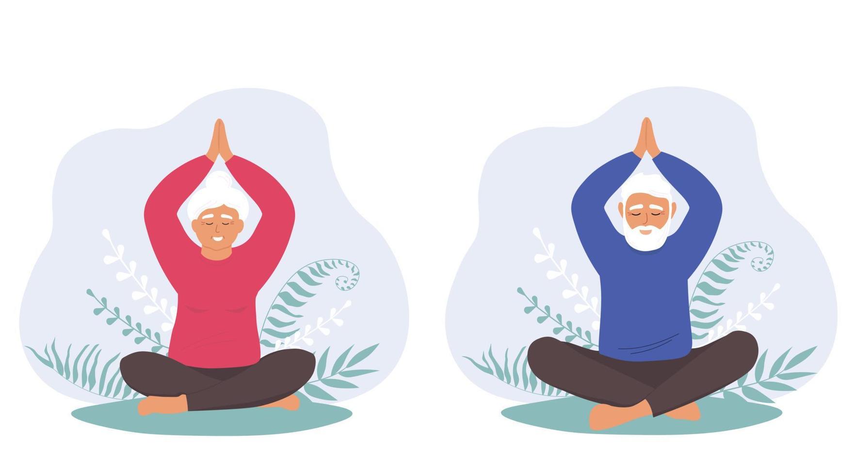 Elderly are doing yoga. The old woman and man are sitting in the lotus position, doing gymnastics. Vector graphics.