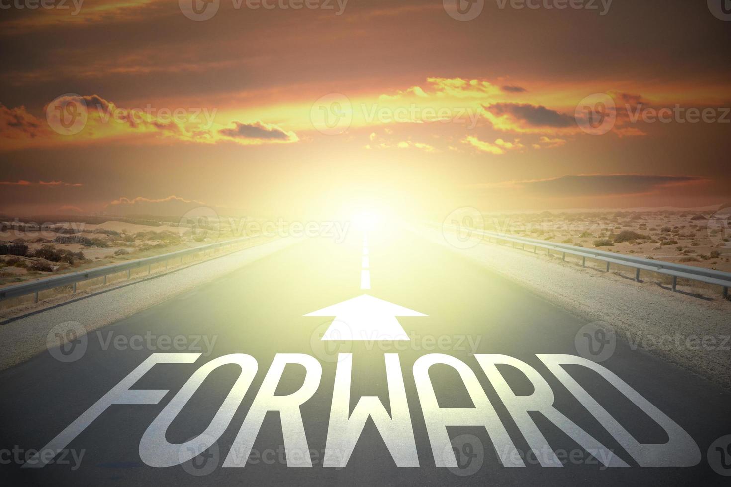 Forward word on a road and sunset sky - solution concept photo