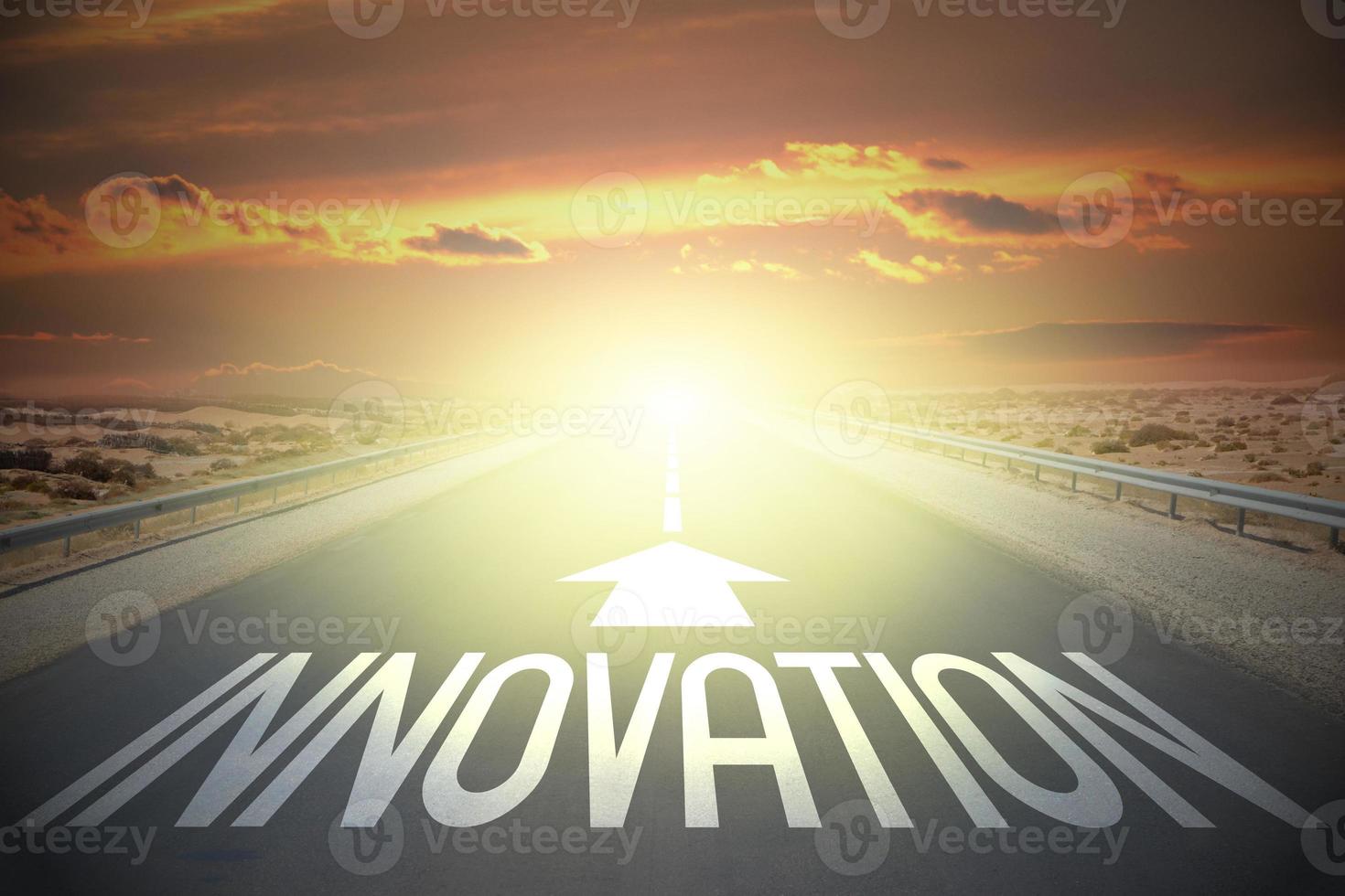 Innovation word on a road and sunset sky photo