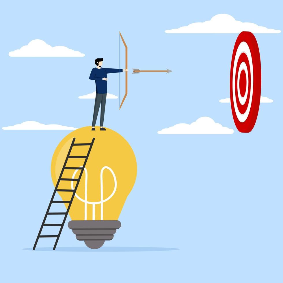 Idea concept to hit target, businessman climbing stairs with light bulb idea to shoot target. planning to achieve goals, innovation for insight to achieve targets, solutions or creativity concept. vector