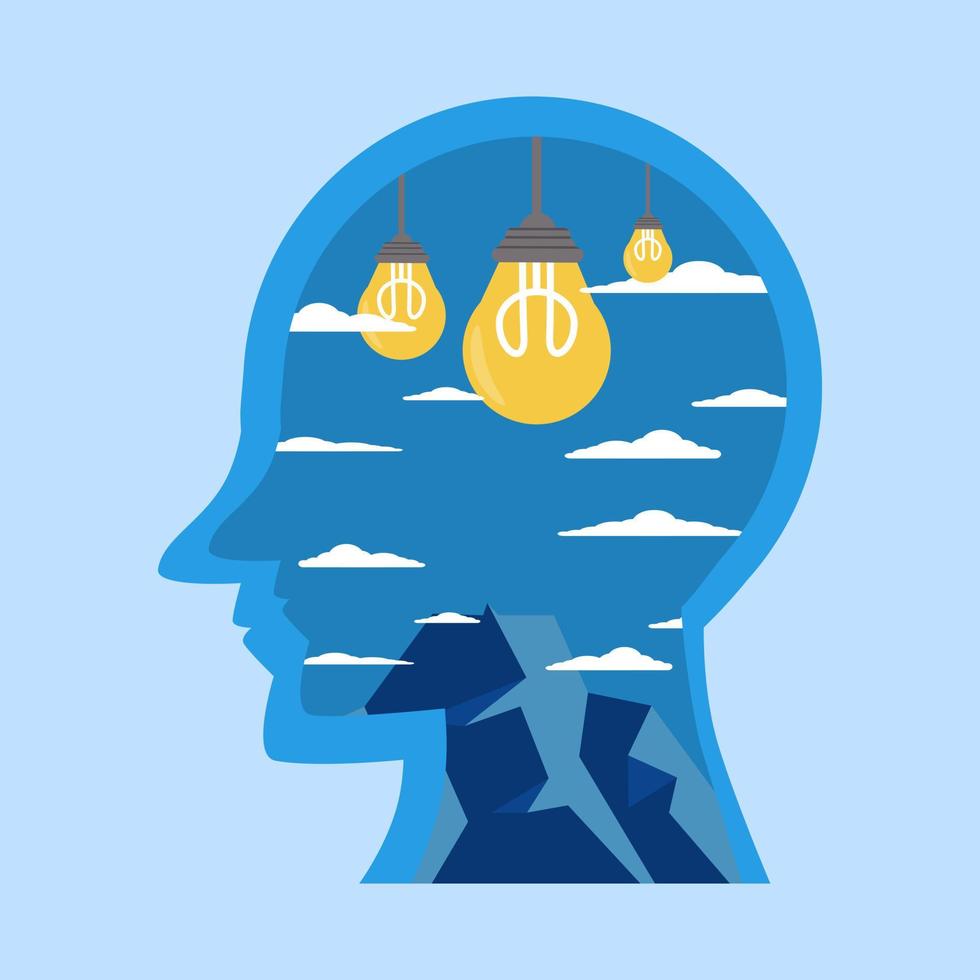 Concept Creative thinking, creativity development, design solutions, smart people, inspiration and motivation, positive mindset, flat vector illustration.