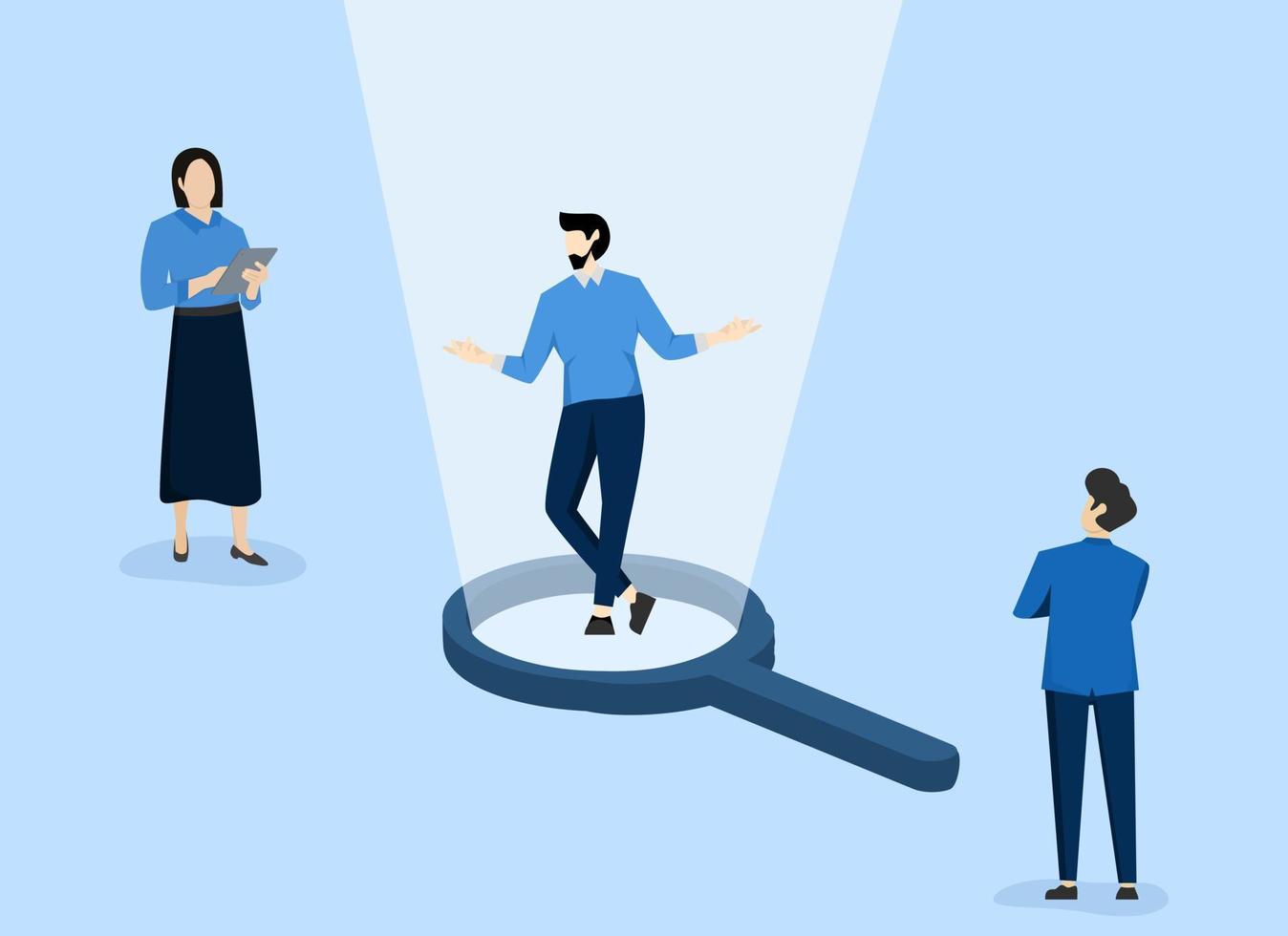 Selected Candidate concept, outstanding businessman in magnifying glass among applicants, winning applicants for new job, HR or human resources, recruiting outstanding candidate, recruitment concept. vector