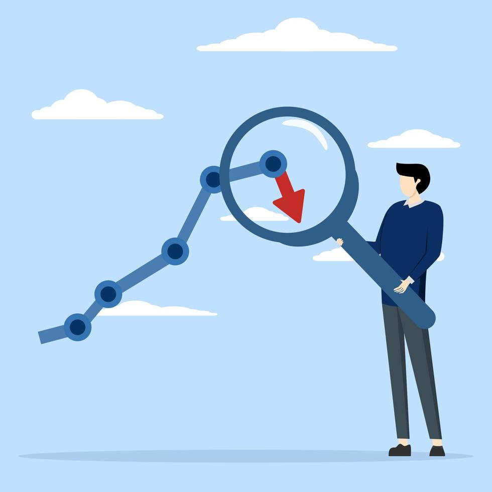 Stock market decline or Cryptocurrency, businessman with magnifying glass on arrow refuses. economic downturn or recession, falling market signals, inflation or falling interest rates concept. vector