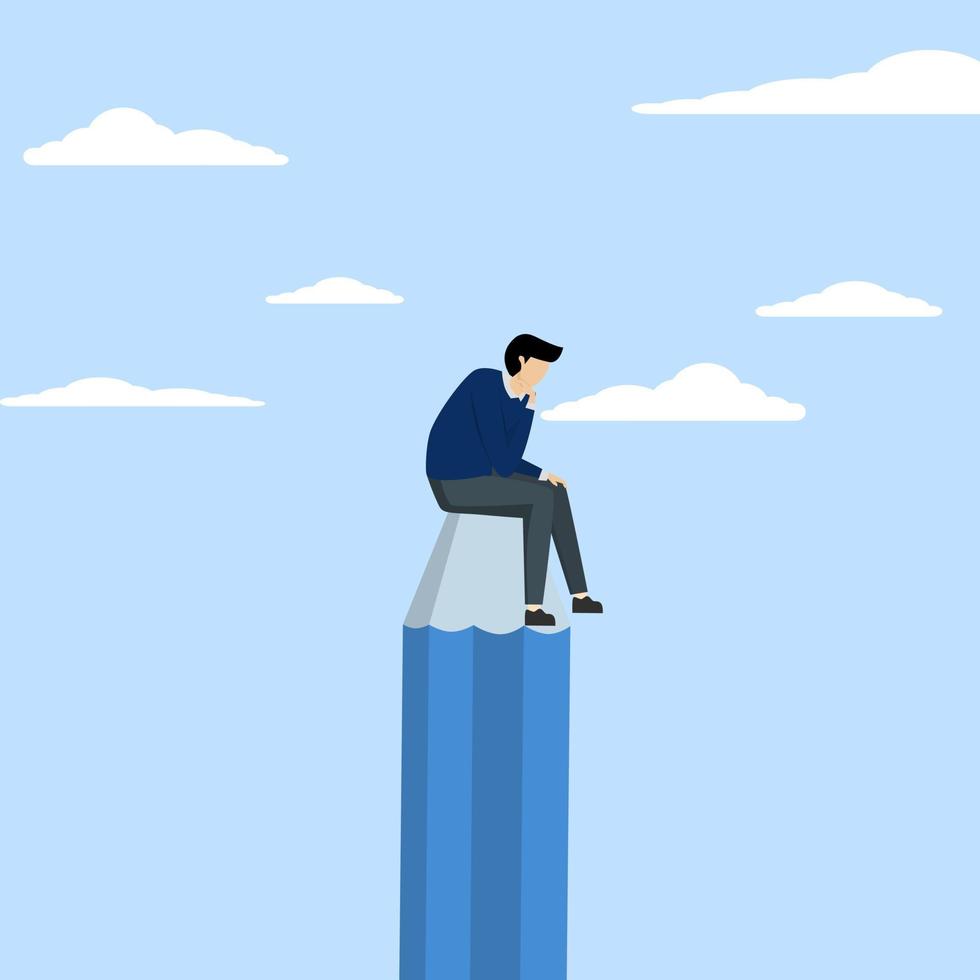 Creative thinking concept, businessman meditation and thinking on pencil mountain. creativity or imagination to come up with ideas or solutions to solve problems, brainstorming process concept. vector