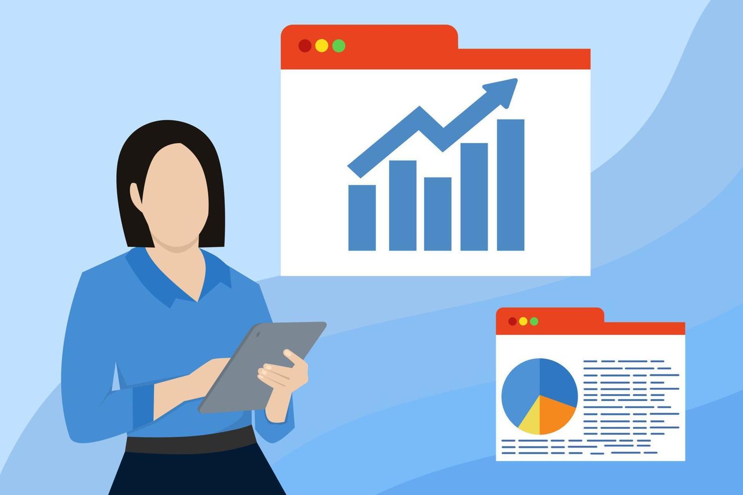 report or statistic improvement concept, present businesswoman graphic with increasing bar chart. increase profit or increase income, successful investment or increase sales. vector