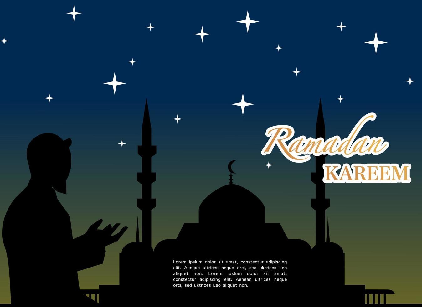 Illustration of Ramadan Kareem with mosque silhouette, starlight and praying man, Background Business Label, Invitation Template, social media, etc. ramadan kareem themed flat vector illustration.