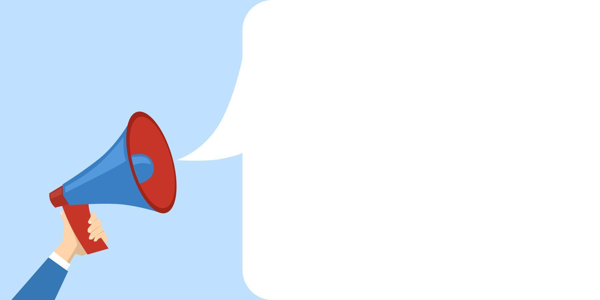 handheld megaphone digital marketing banner template concept. Speaker promotion ad on arm and speech bubble, flat vector illustration.