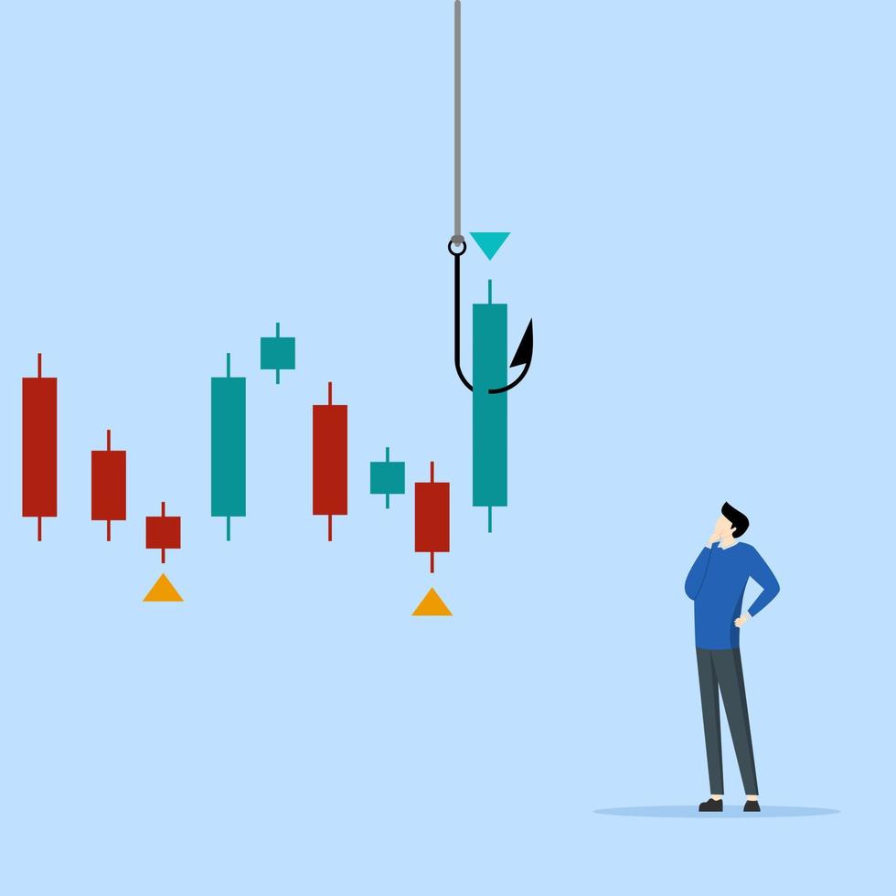 concept of charts and graphs to make profit, Candlestick signals to buy or sell in trading crypto or stock market, analyzing data, trader thinks while analyzing green chart with fishing bait. vector