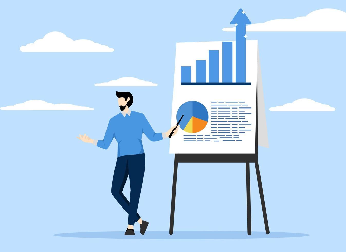 statistics reporting or improvement concept, businessman presenting graphs with elevation, Presenting company growth, increasing profit or increasing income, successful investment or increasing sales. vector