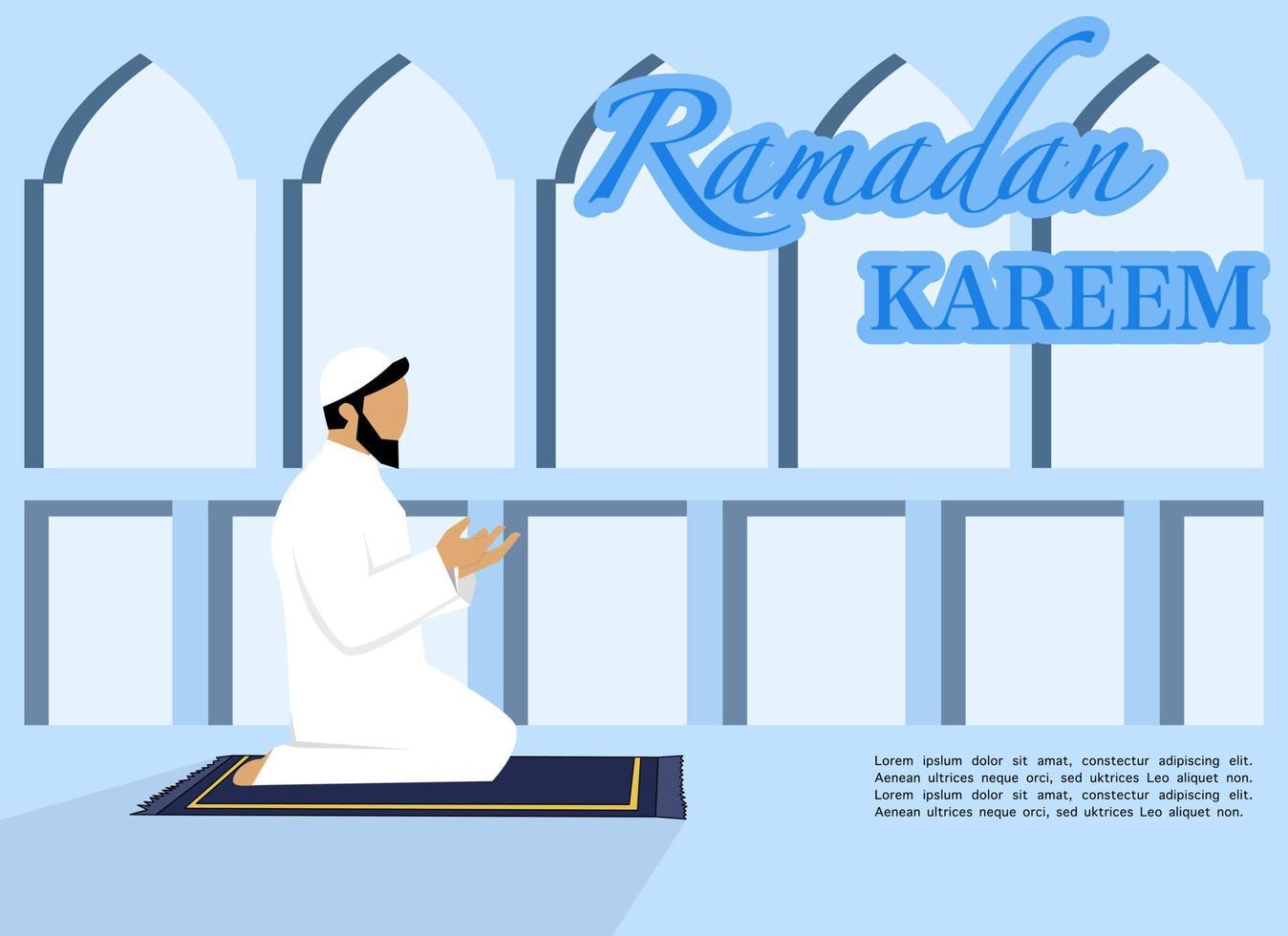 Ramadán kareem felicidades concepto con Orando hombre personaje, Ramadán concepto ilustración. contento musulmán personas celebrando el santo mes de ramadán, eid saludos. vector ilustración