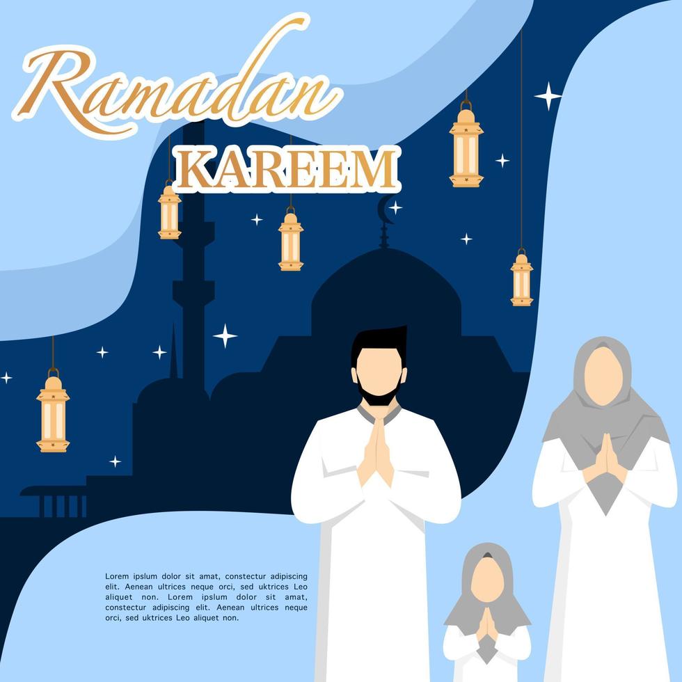 Ramadán kareem felicidades concepto con familia caracteres, Ramadán concepto ilustración. contento musulmán personas celebrando el santo mes de ramadán, eid saludos. vector ilustración