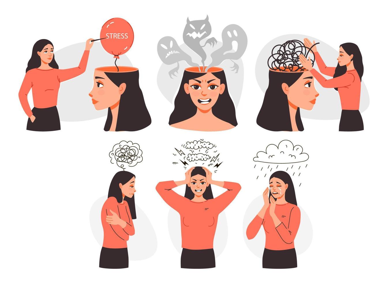 triste mujer llorar, obtener enojado, sensación estresado. un frustrado mujer con problemas. estrés conciencia. bipolar trastorno. mental salud. plano moderno vector ilustración.