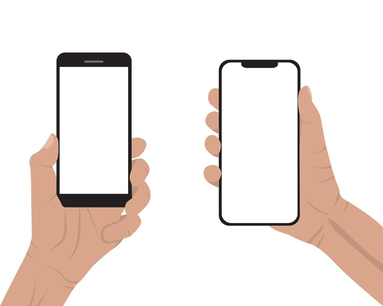 Flat cartoon hand holding white screen smartphone vector