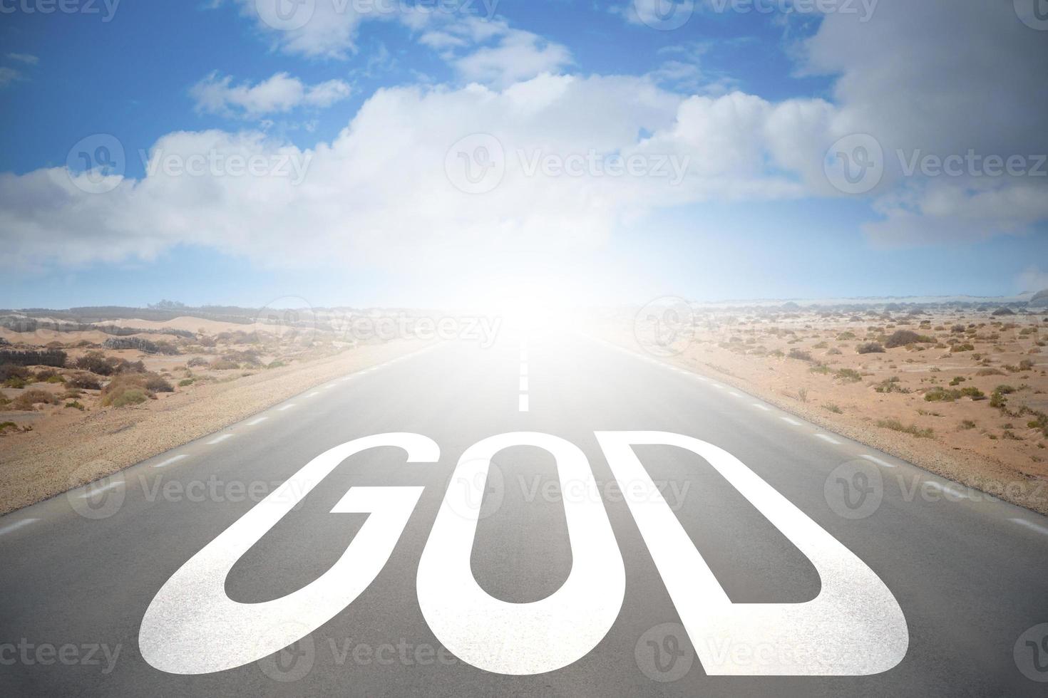 God Word on a Road and Sky with Clouds - Religion Concept photo
