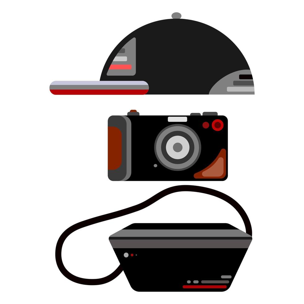 Cap, Vintage camera, and passenger bag on white background in flat vector illustration design