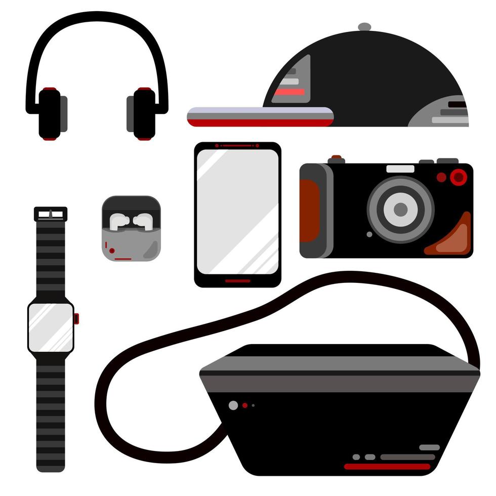 Passenger bag, Cap, Mobile phone and more in flat vector illustration design