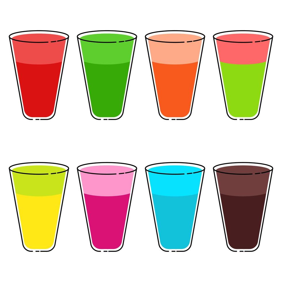 muchos vistoso bebidas en muchos lentes en blanco antecedentes en plano vector ilustración diseño