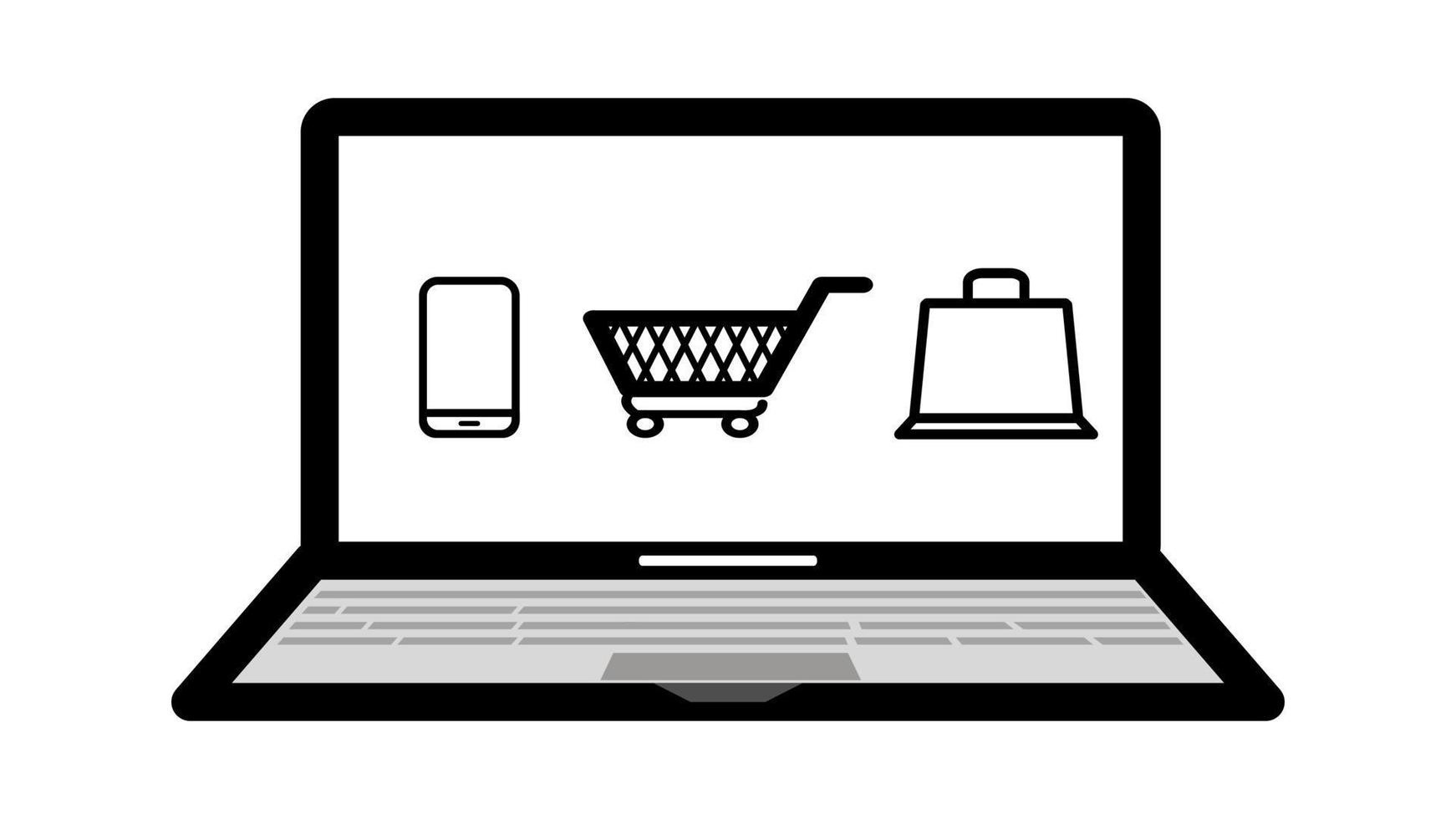 Shopping online laptop with mobile phone, trolley cart, and shopping bag in flat line vector illustration design