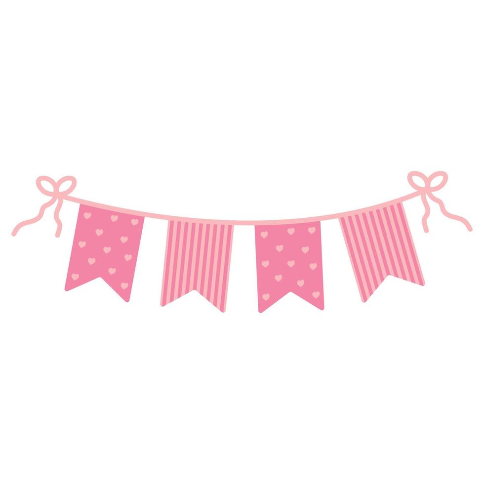 Festive decor for a children's holiday, baby shower girl. Pink triangular flags. Vector flat illustration