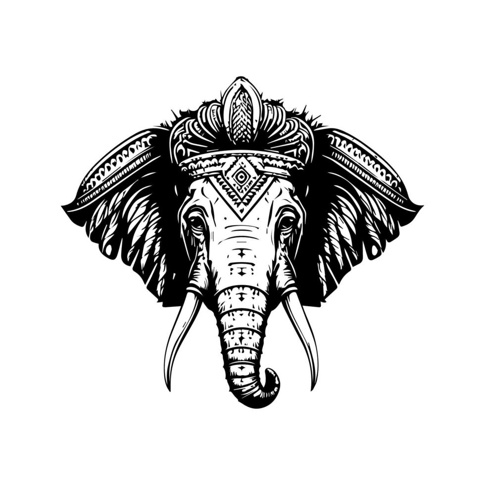 An intricate Hand drawn illustration of an elephant's head in black and white line art sty vector
