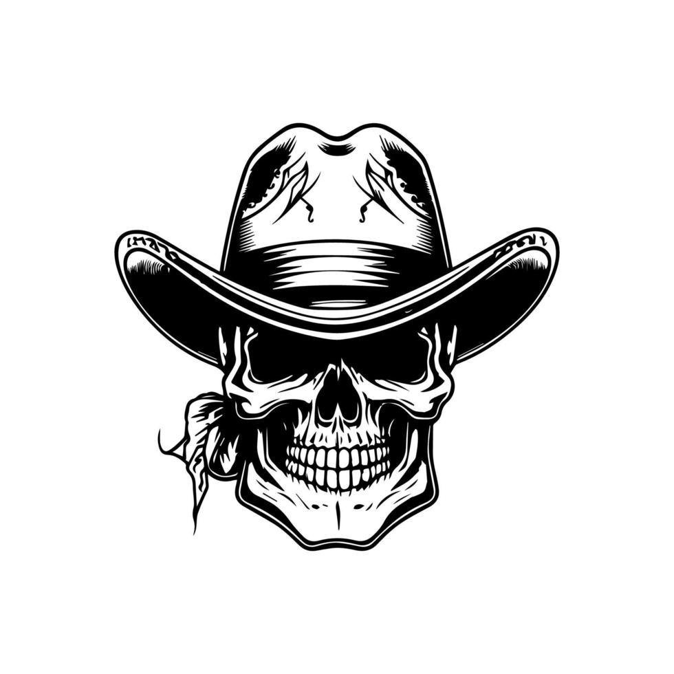 Smiling skull wearing cowboy hat  a Hand drawn illustration depicting a skull with a wide grin and a cowboy hat, full of character and personality vector