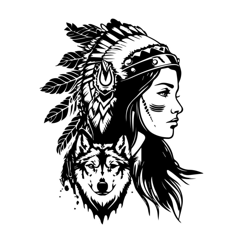 A stunning Hand drawn illustration of a beautiful girl wearing an Indian chief headpiece, with intricate details and shading vector
