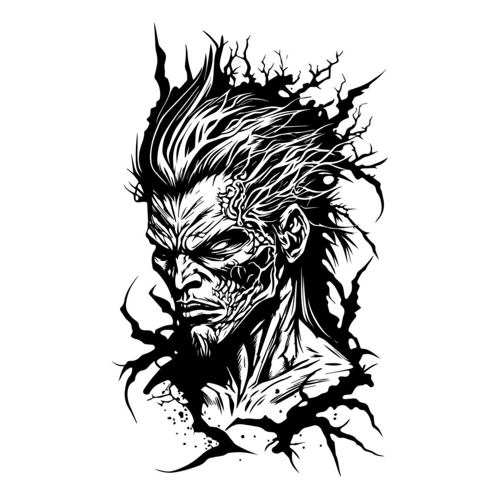A spooky zombie head illustration perfect for Halloween with intricate line art details, Hand drawn for a unique and creepy vibe vector