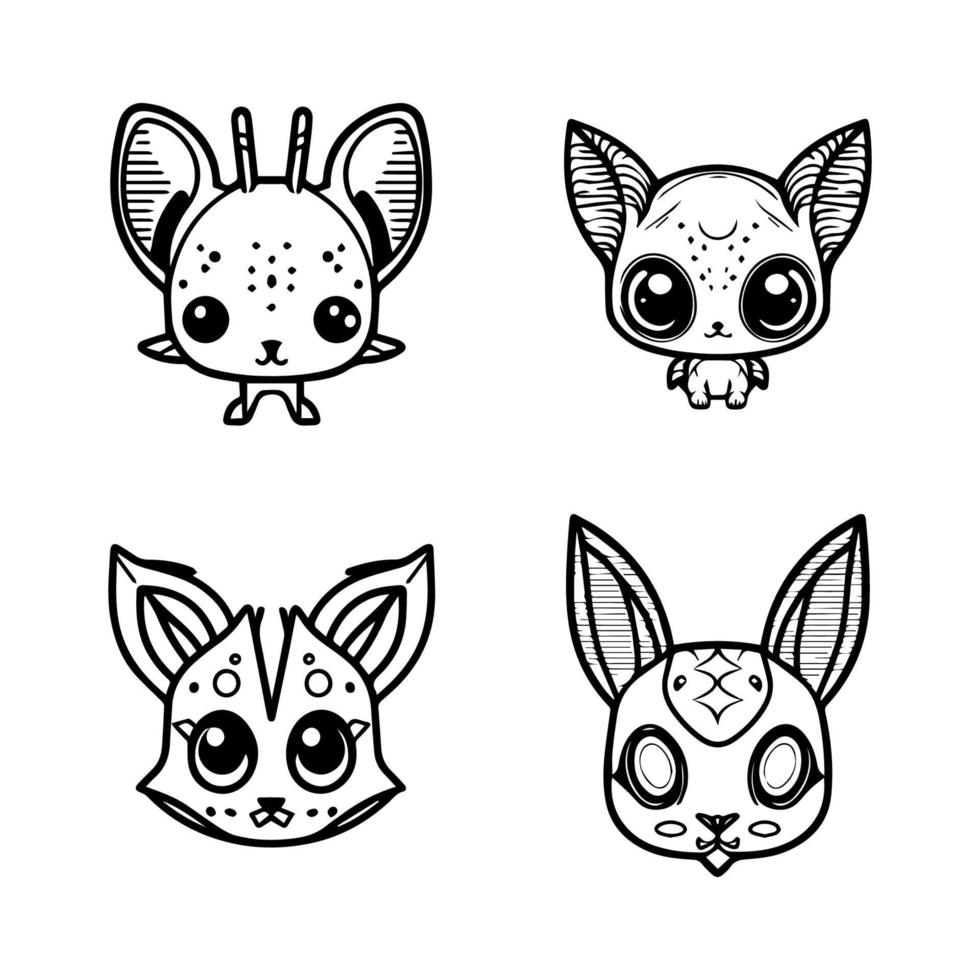 A collection of cute kawaii mythical creatures as animal logos, featuring unicorns, dragons, phoenixes, and more in Hand drawn line art style vector