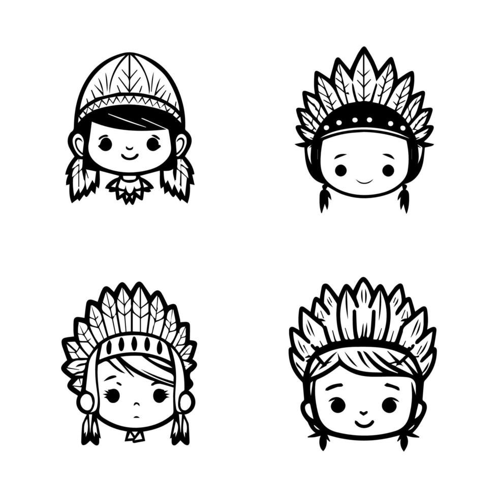 Our cute kawaii child head collection features Hand drawn illustrations of kids wearing Indian chief head accessories, perfect for adding some playful charm to your designs vector