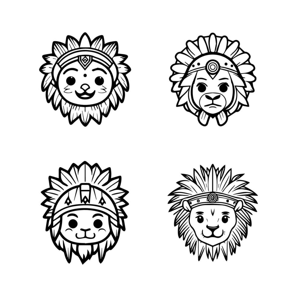 Roar with cuteness. Our kawaii lion head wearing Indian chief accessories collection is here. Hand drawn with love, these illustrations are sure to add a playful touch to your project vector