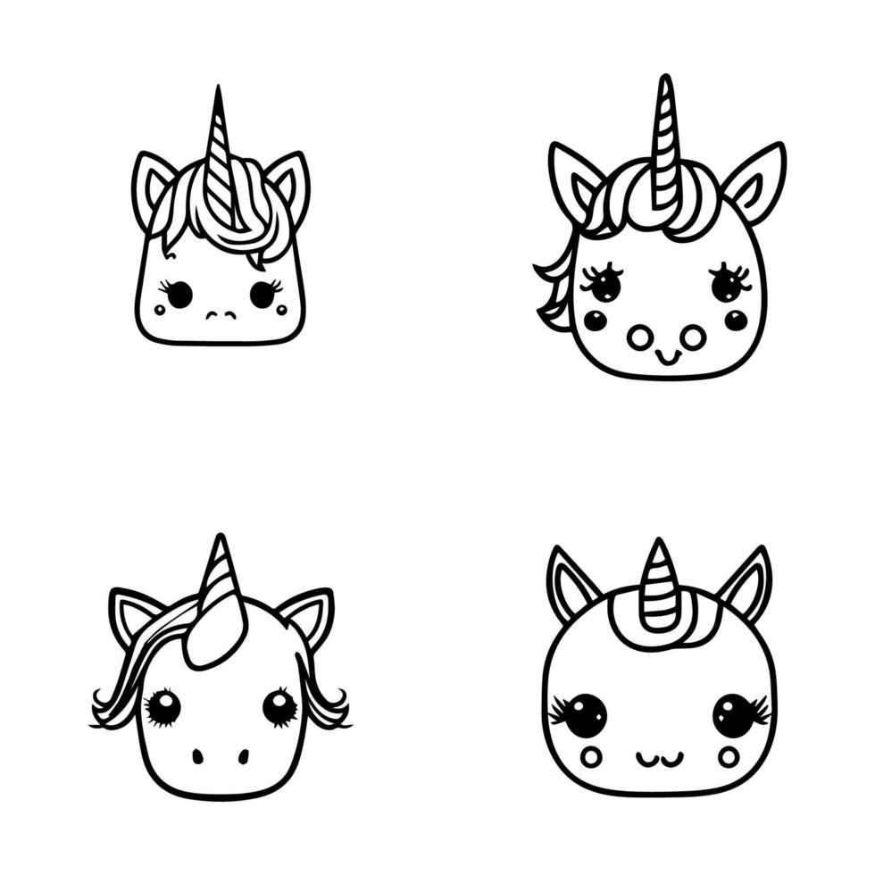 Collection of cute kawaii unicorns in various poses and expressions, Hand drawn with details and a whimsical style vector