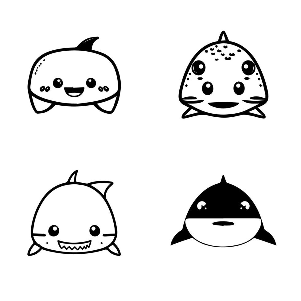 A collection of cute and charming kawaii shark logos, each Hand drawn in whimsical line art style. Perfect for branding and merchandise design vector