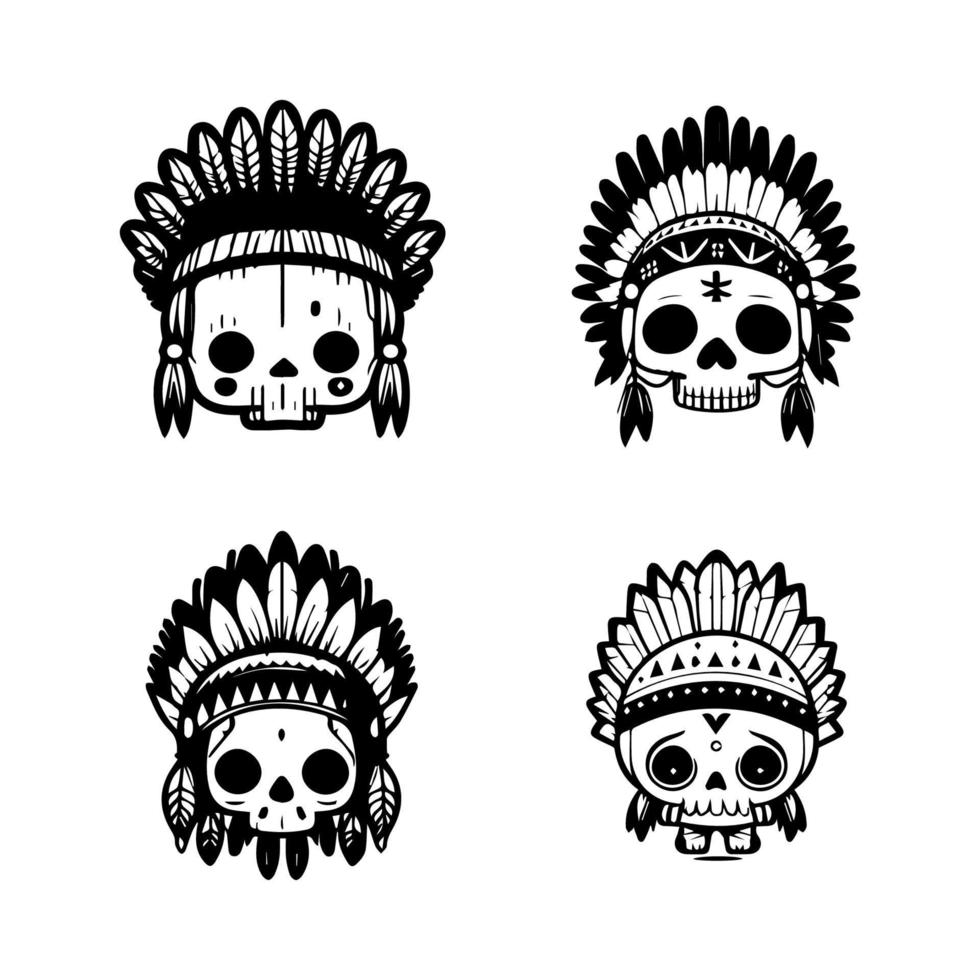 Add a touch of edgy cuteness to your project with our cute kawaii skull head logo wearing Indian chief accessories collection. Hand drawn with love, these illustrations vector