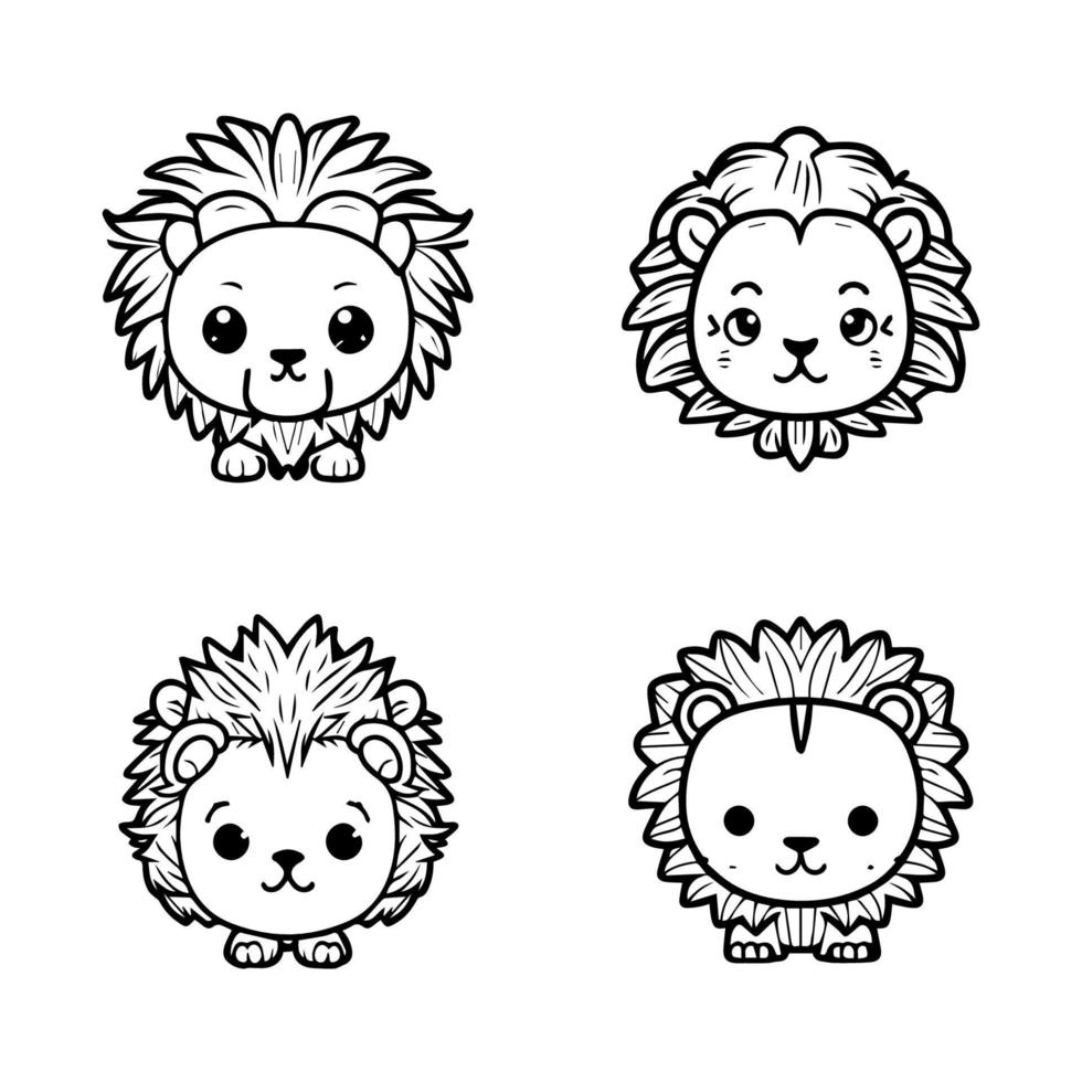 adorable anime león cabeza colección colocar, con linda y detallado mano dibujado ilustraciones en línea Arte estilo. Perfecto para niños' productos y diseños vector